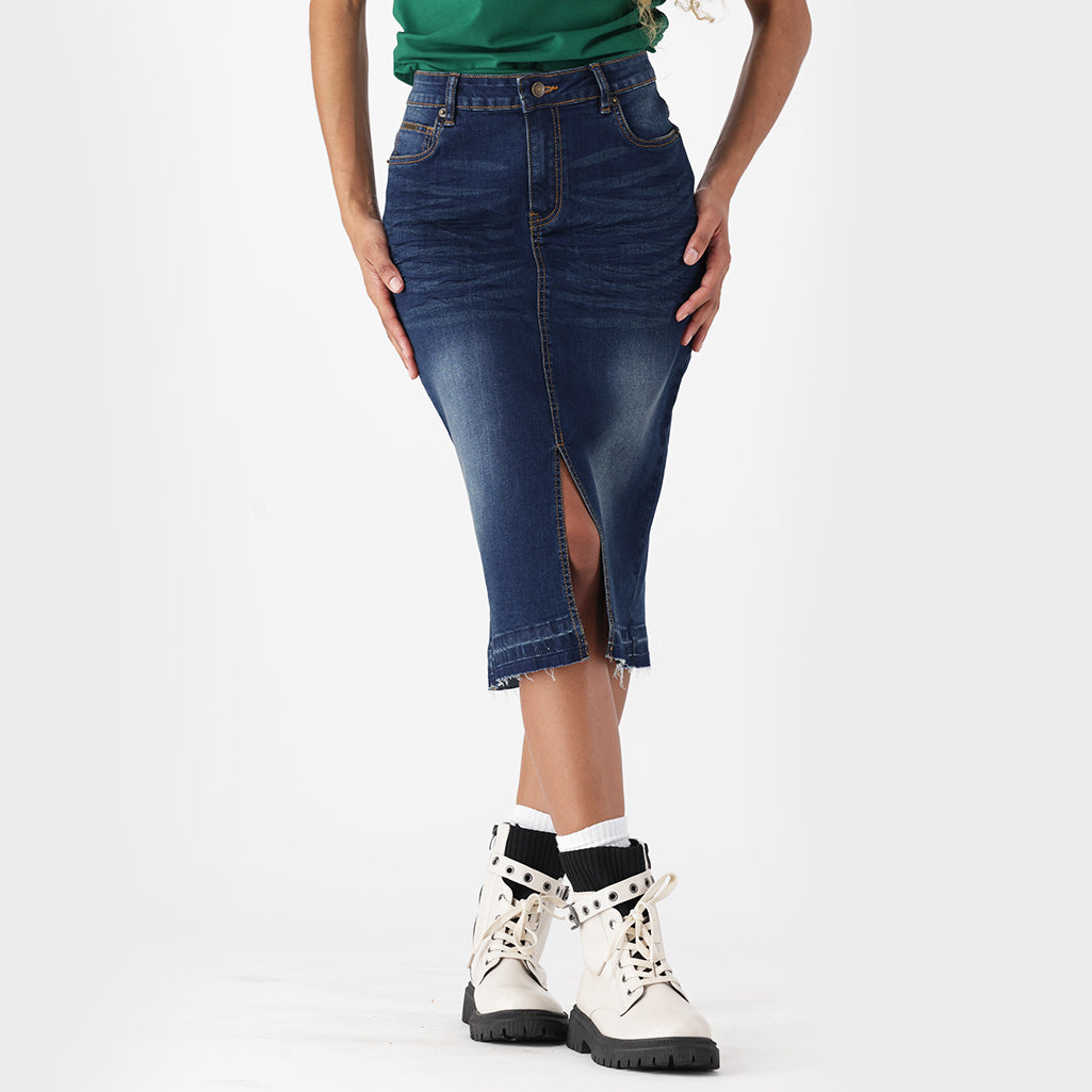 Dunns Clothing | Diane Front Slit Unclipped Hem Denim Skirt _