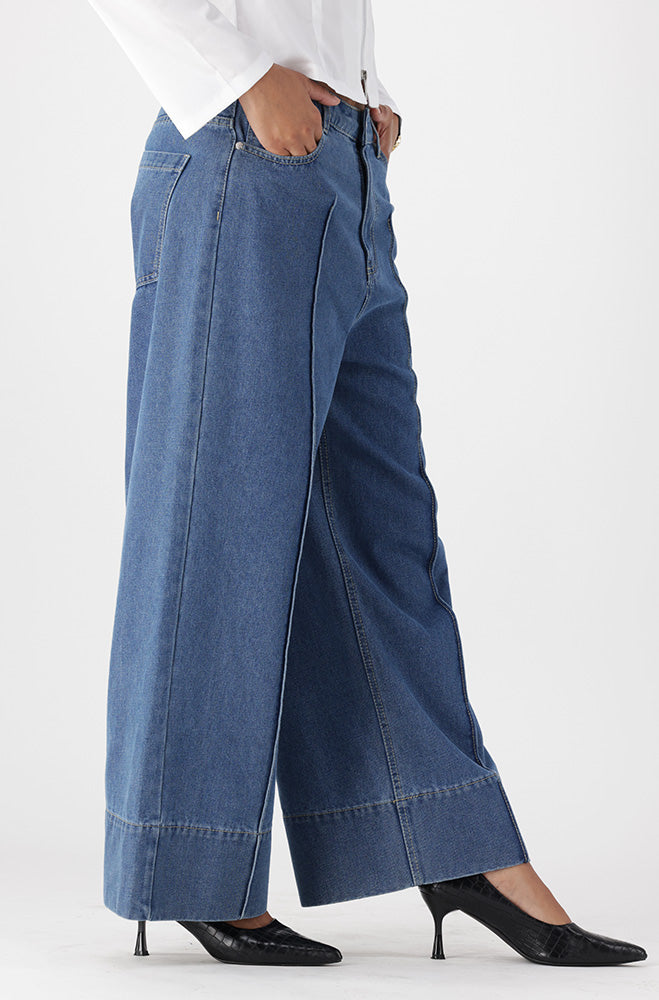 LUNA DENIM PINTUCK CROPPED WIDE LEG JEAN _ 162939 _ Mid Wash