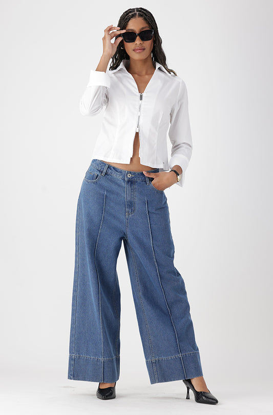 LUNA DENIM PINTUCK CROPPED WIDE LEG JEAN _ 162939 _ Mid Wash