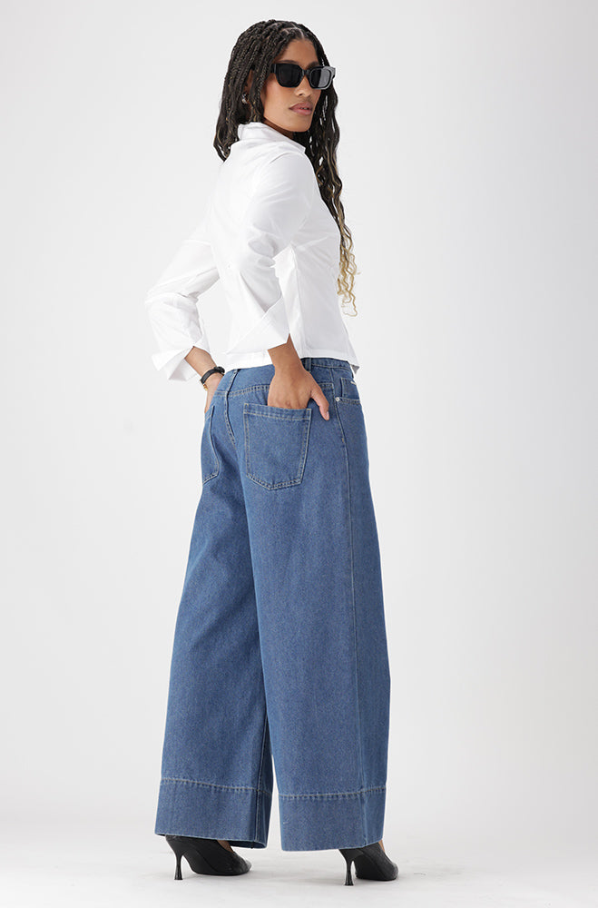 LUNA DENIM PINTUCK CROPPED WIDE LEG JEAN _ 162939 _ Mid Wash