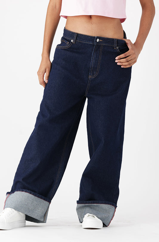 LUNA DENIM HIGH RISE WIDE LEG TURN UP _ 163179 _ Dark Wash