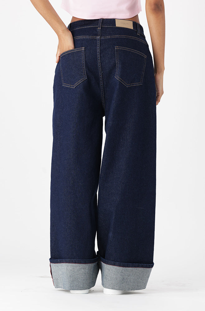 LUNA DENIM HIGH RISE WIDE LEG TURN UP _ 163179 _ Dark Wash