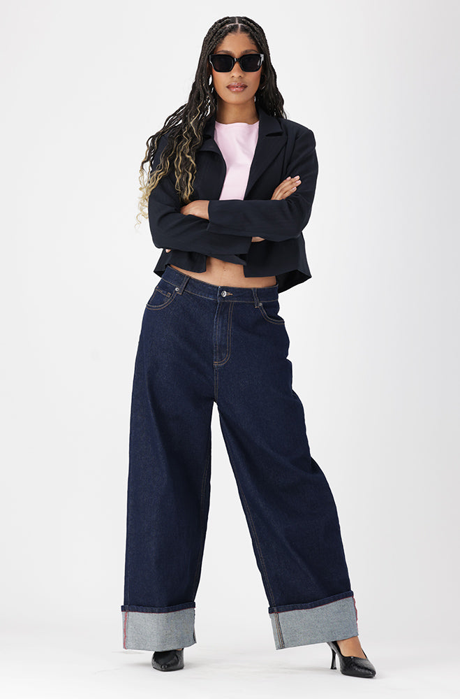 LUNA DENIM HIGH RISE WIDE LEG TURN UP _ 163179 _ Dark Wash