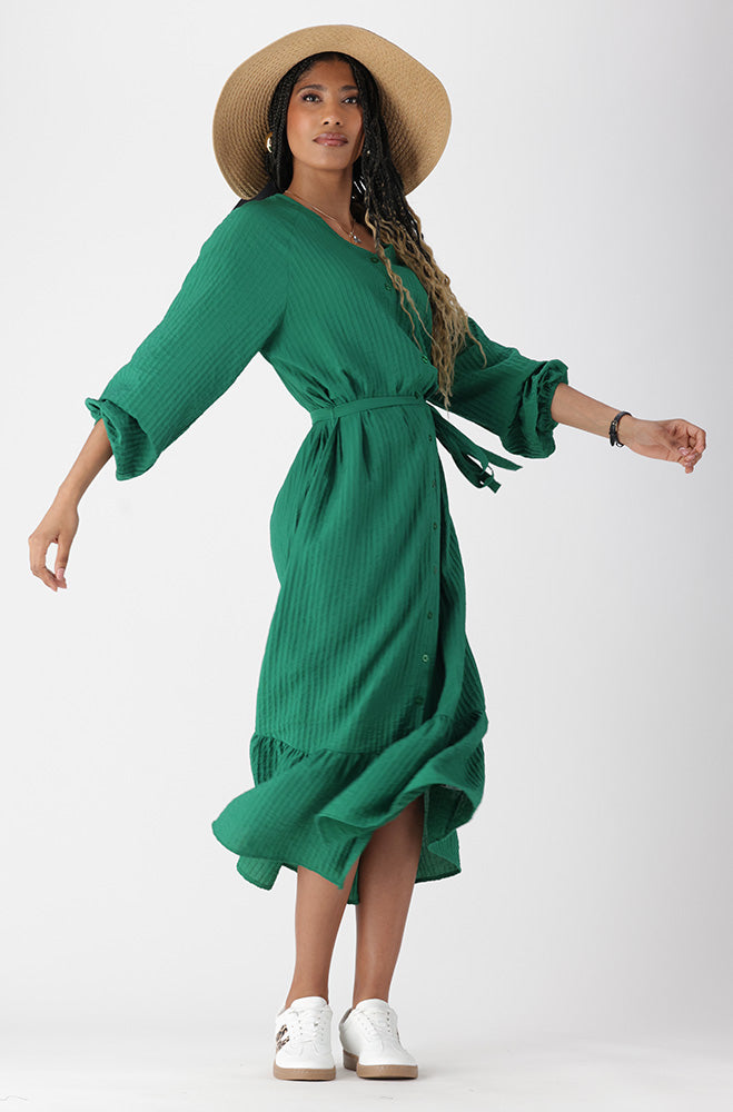 LOLA TEXTURED TIERED DRESS _ 163180 _ Green