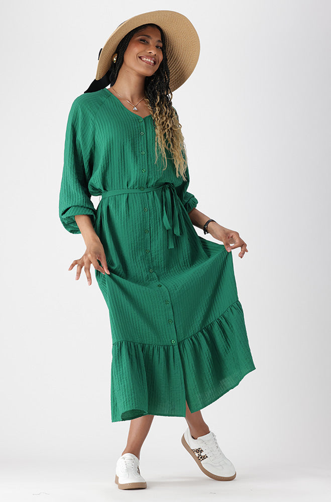 LOLA TEXTURED TIERED DRESS _ 163180 _ Green