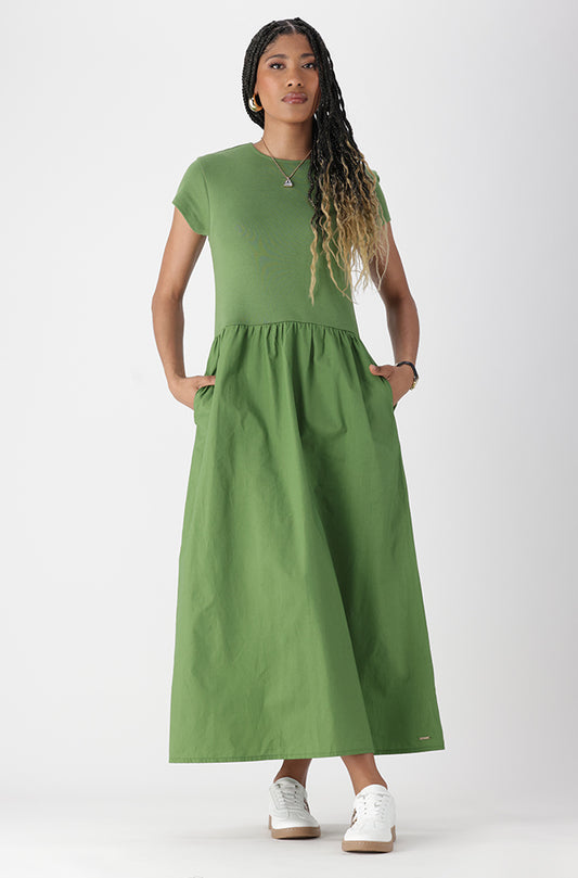 Lora Knit And Woven Combo Dress _ 163185 _ Green