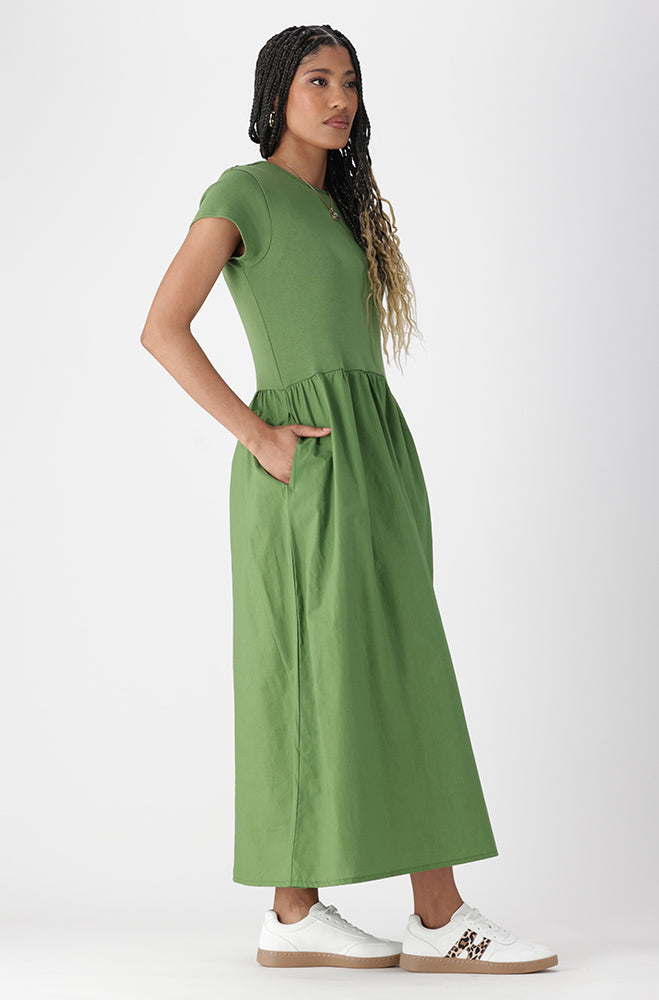 Lora Knit And Woven Combo Dress _ 163185 _ Green