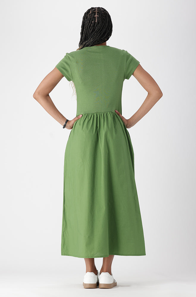 Lora Knit And Woven Combo Dress _ 163185 _ Green