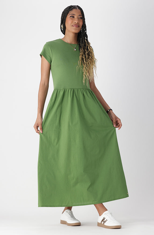 Lora Knit And Woven Combo Dress _ 163185 _ Green