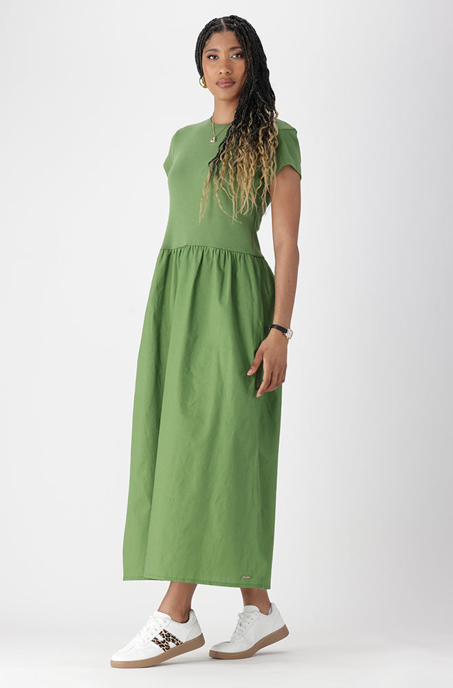 Lora Knit And Woven Combo Dress _ 163185 _ Green
