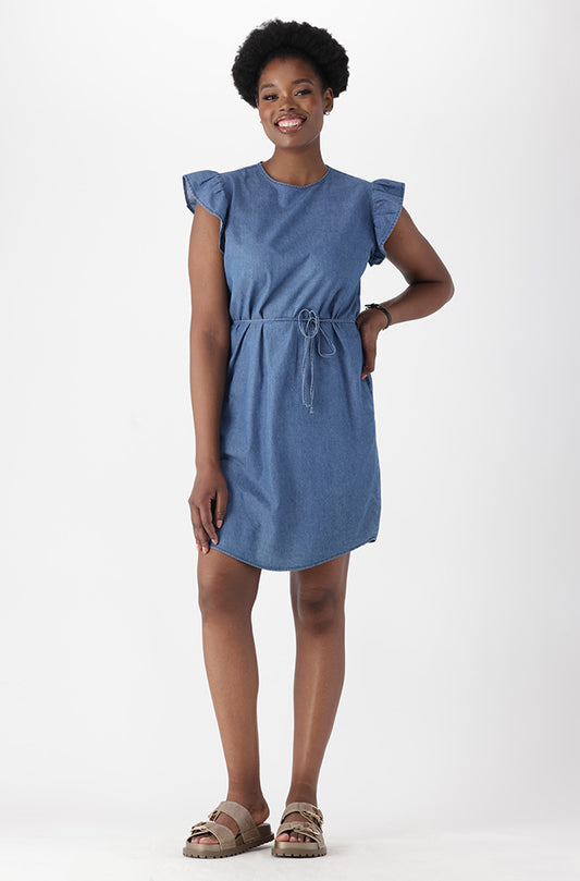 Kaylee Chambray Flutter Sleeve Dress _ 166215 _ Mid Wash