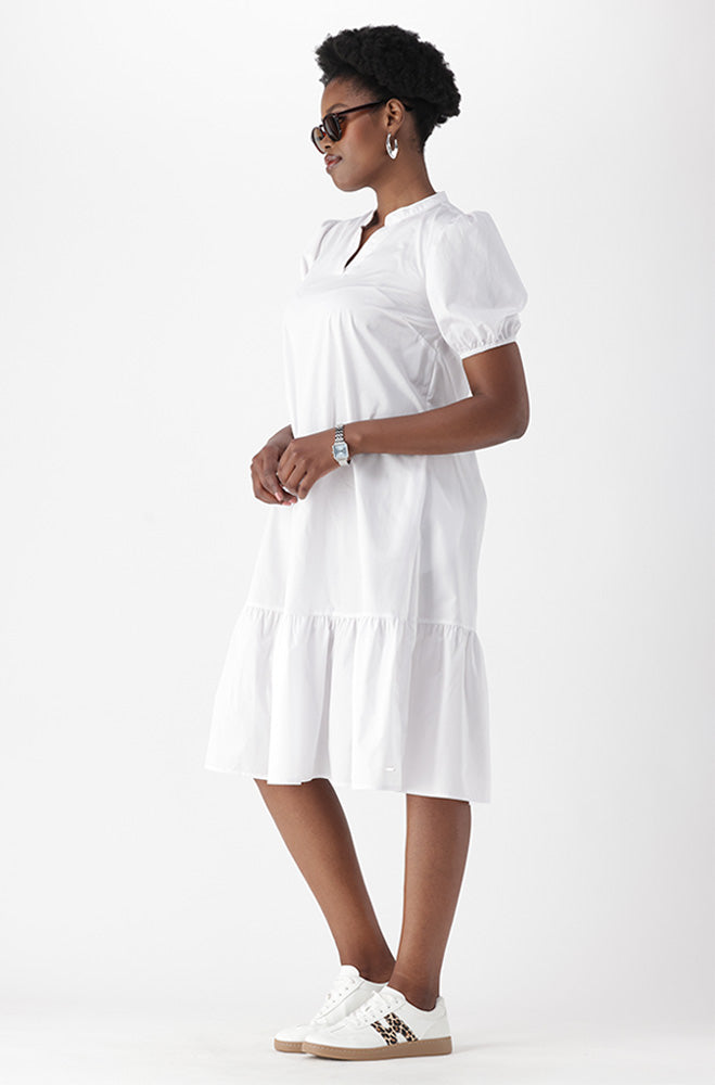 Kiara Poplin Portofino Neck Dress With Frill Hem _ 166677 _ White