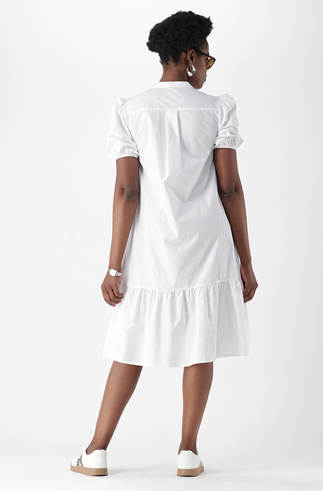 Kiara Poplin Portofino Neck Dress With Frill Hem _ 166677 _ White