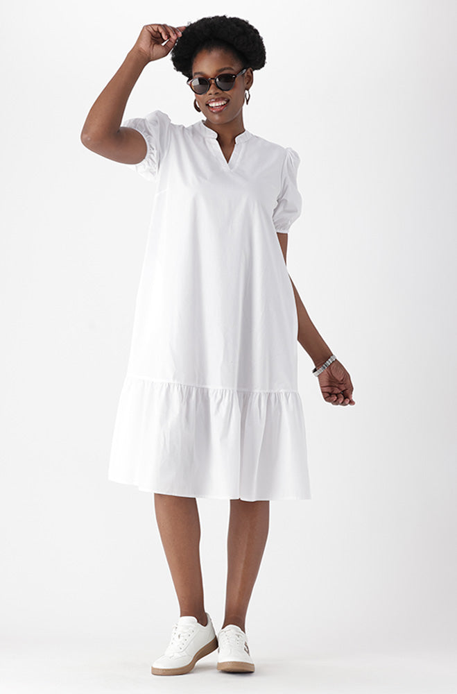 Kiara Poplin Portofino Neck Dress With Frill Hem _ 166677 _ White