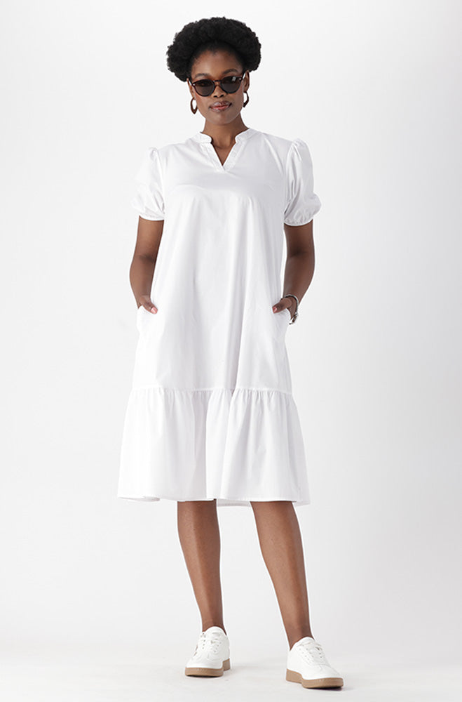 Kiara Poplin Portofino Neck Dress With Frill Hem _ 166677 _ White