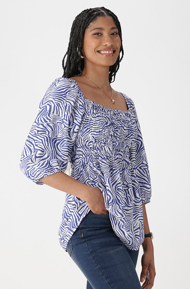 Jasmine Printed Peasant Top _ 168460 _ Blue