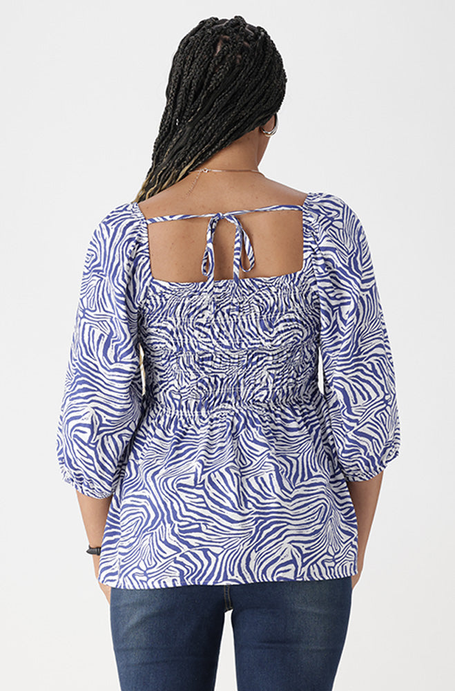Jasmine Printed Peasant Top _ 168460 _ Blue