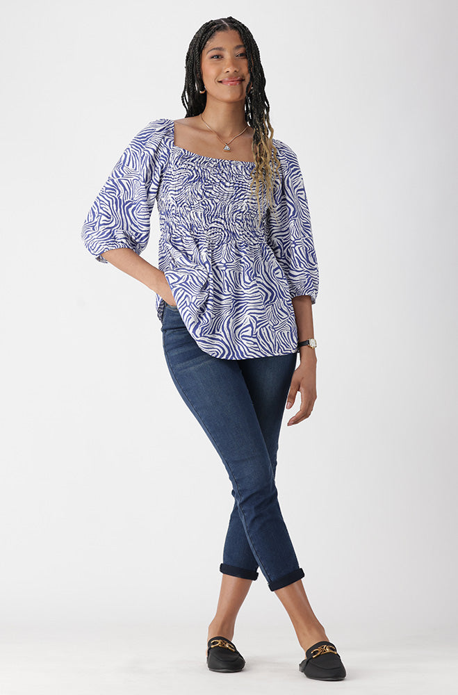 Jasmine Printed Peasant Top _ 168460 _ Blue