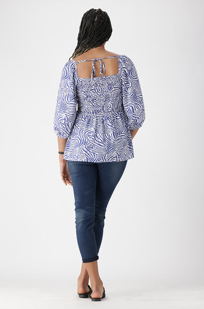 Jasmine Printed Peasant Top _ 168460 _ Blue