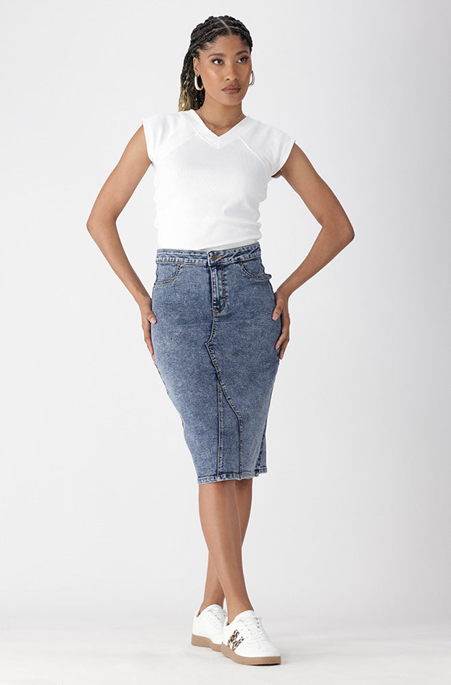 Jenny Tube Denim Skirt Mock Slit _ 169965 _ Mid Wash