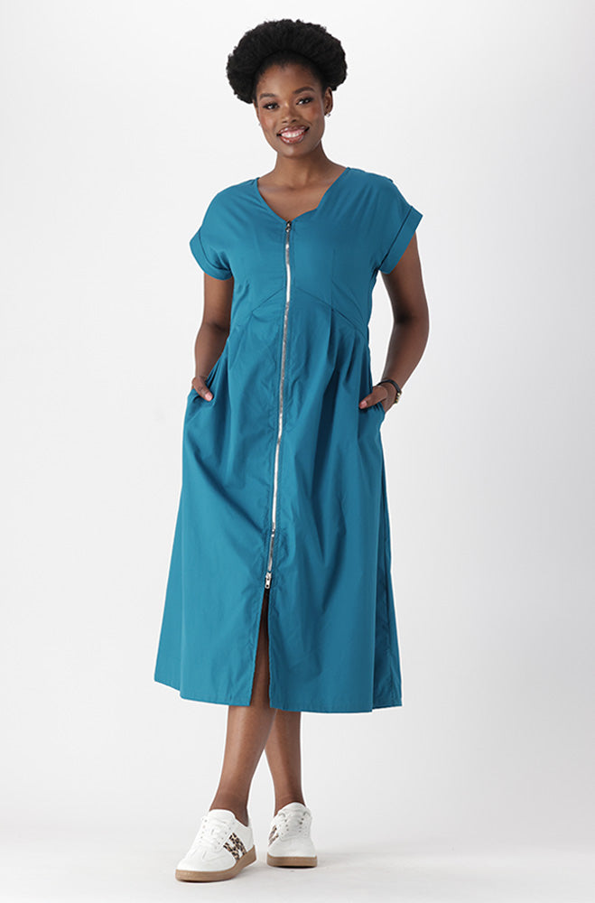 PREA V NECK FRONT ZIP FIT AND FLARE DRESS