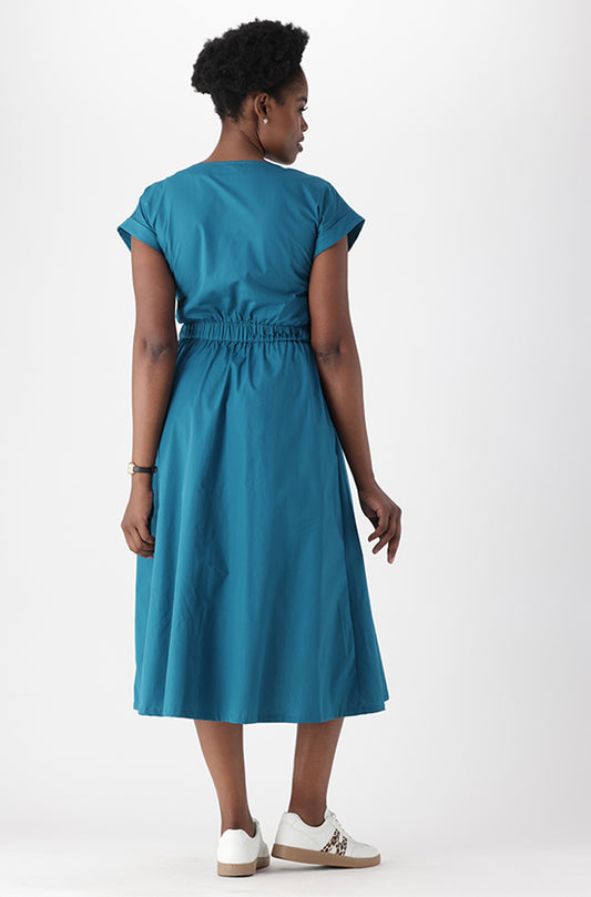 PREA V NECK FRONT ZIP FIT AND FLARE DRESS