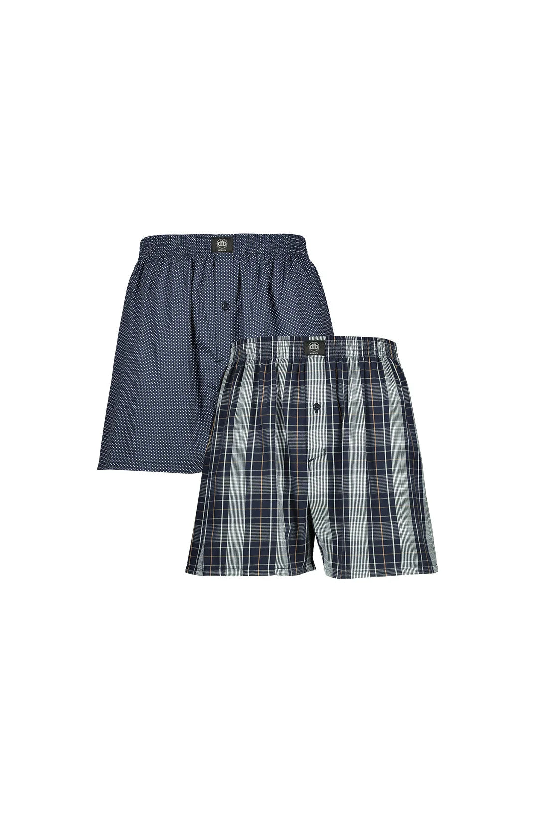 A two-pack of men’s woven boxer shorts, one pair in a blue micro-dot pattern and the other in a black and white plaid pattern.