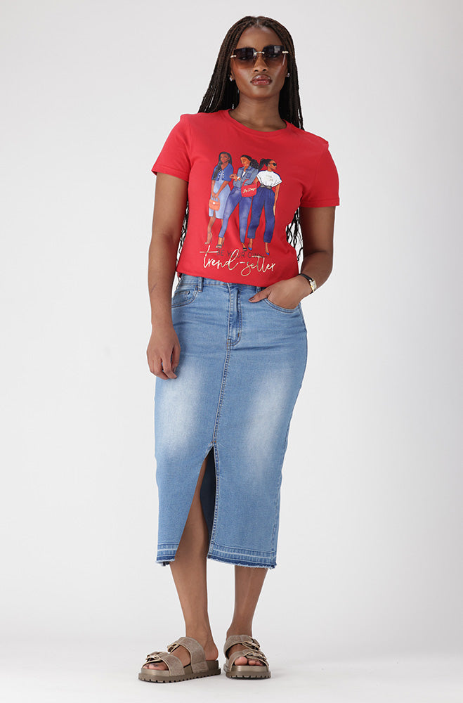 ROSIE DENIM LONGER LENGTH UNCLIPPED HEM SKIRT