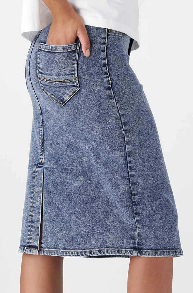 Ladies | Jenny Tube Denim Skirt Mock Slit _ 171474 Dark Wash Skirts