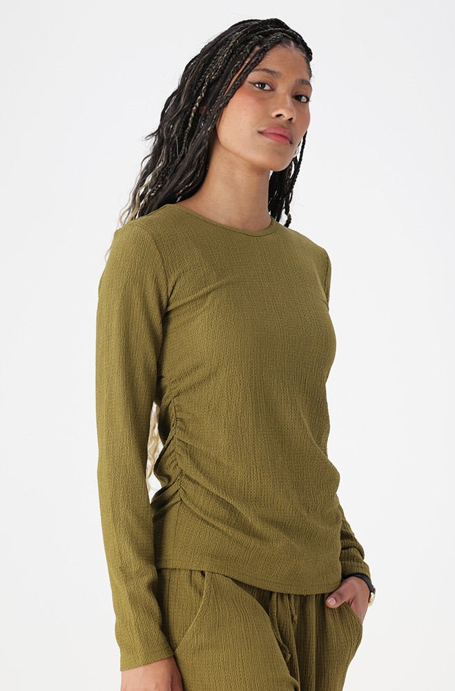 Ladies | Kate Long Sleeve Texture Top with Side Ruching Sweaters