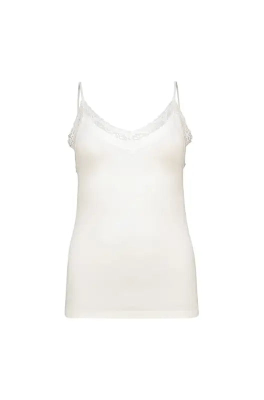 White camisole with lace trim.