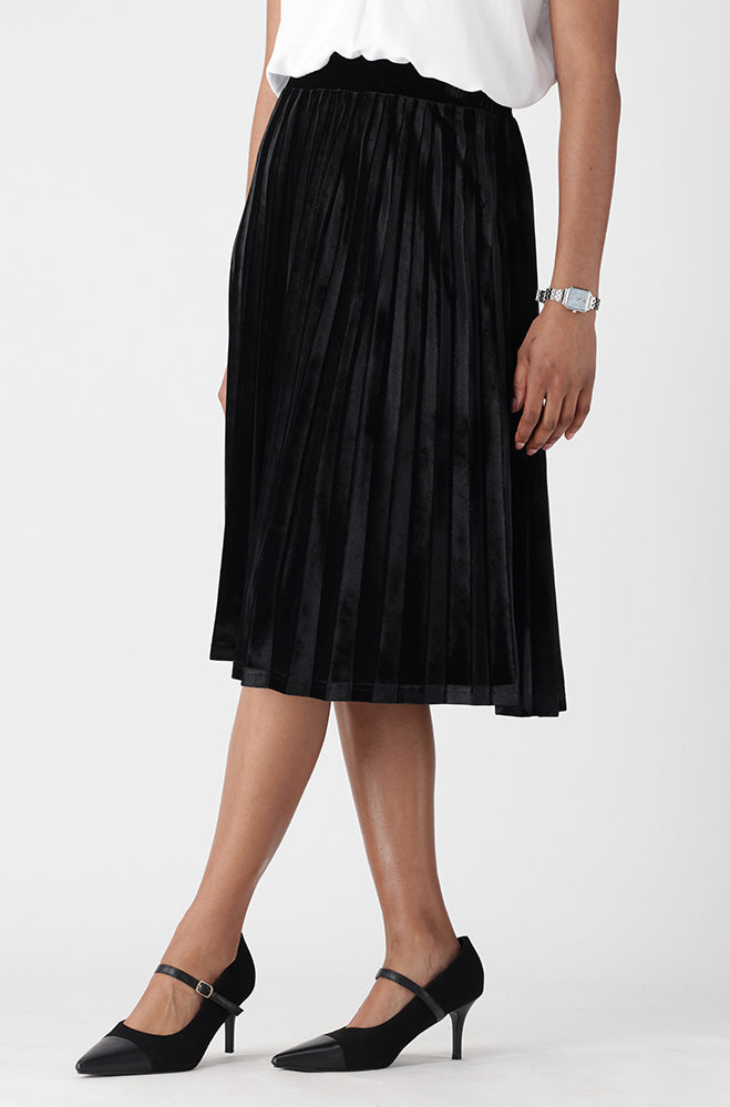 Ladies | Emilia Velour Pleated Midi Skirt _ 157241 Black Skirts