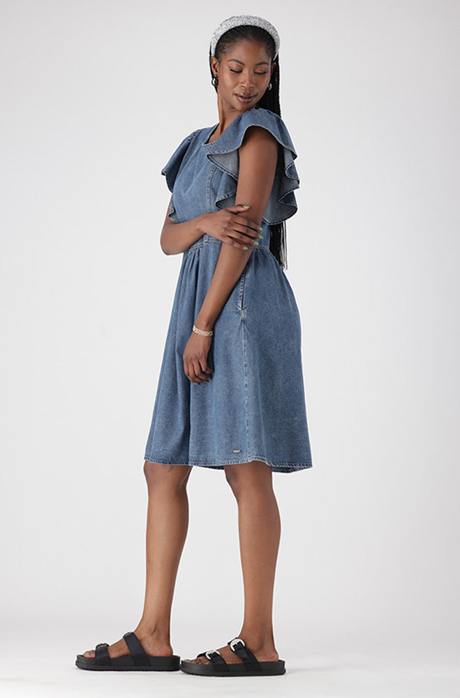 ARI DENIM FLUTTER SLEEVE DRESS