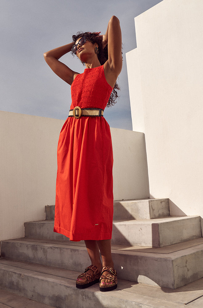 RAY SHIRRED COMBO DRESS