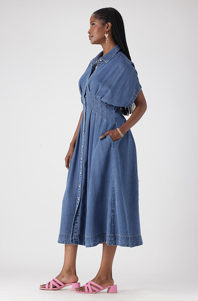BELLE DENIM FIT AND FLARE DRESS