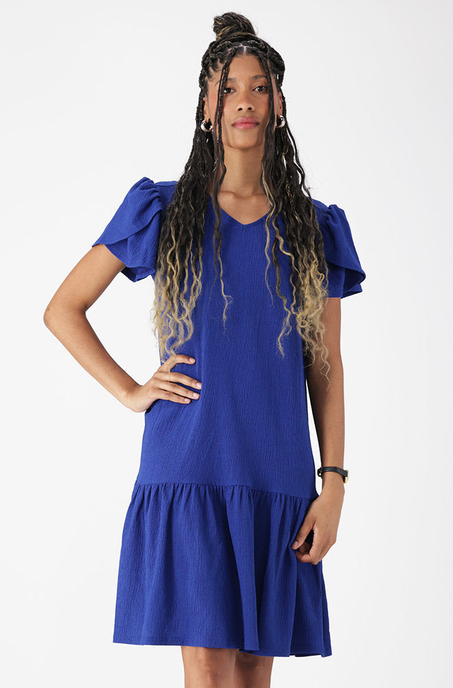 Ladies | Cindy Textured Knit Tulip Sleeve Dress _ 162621 Blue Dresses