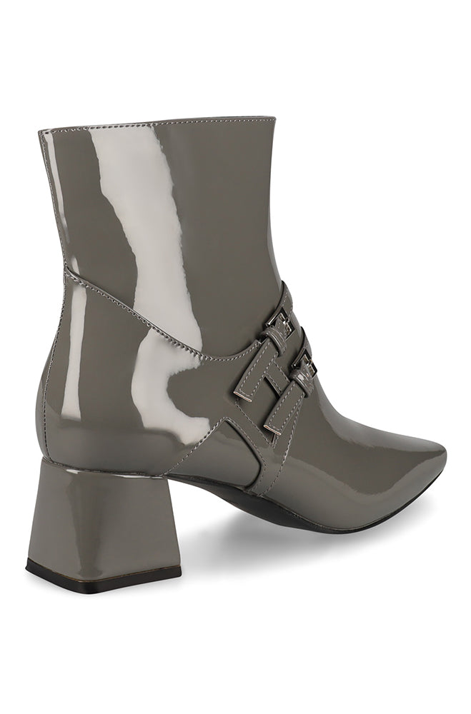 Glenda patent double buckle heel boot