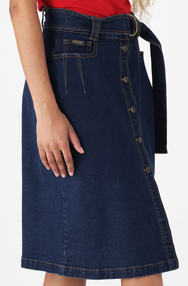 Ladies | Camden Button Through Belted Denim Skirt _ 156351 Dark Wash Skirts