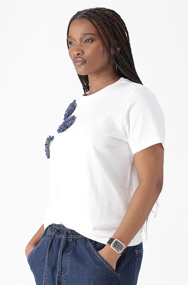AERON DENIM FLOWER DETAIL TEE