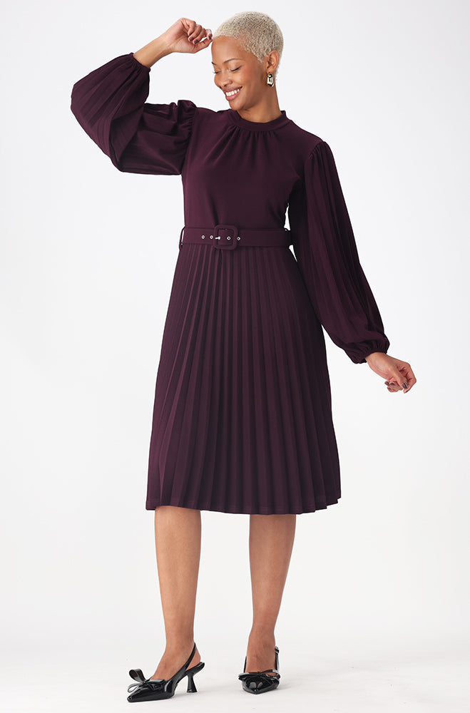 Ladies | Lora Belted Pleat Dress _ 160602 Purple Dresses