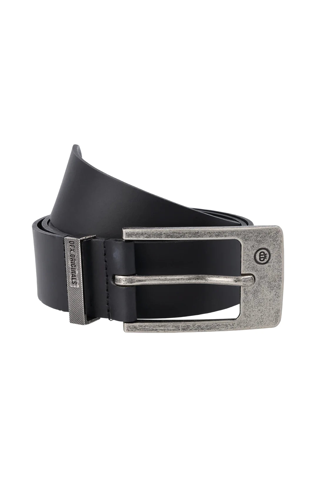 Men’s black leather belt with a distressed silver buckle