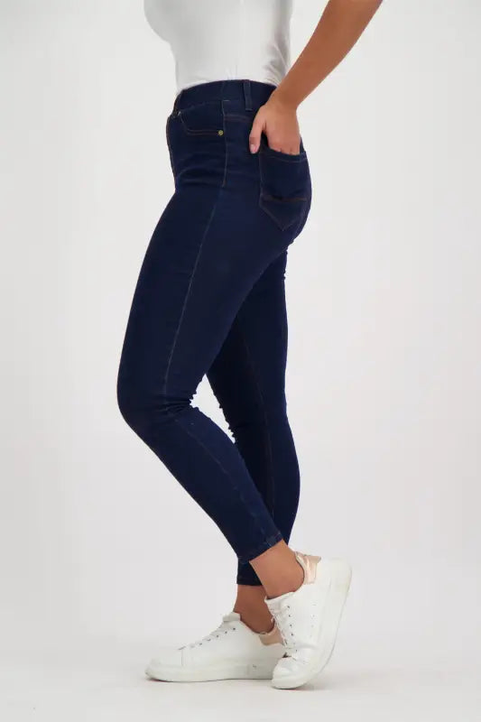 Dark wash, skinny-fit women’s jeans.