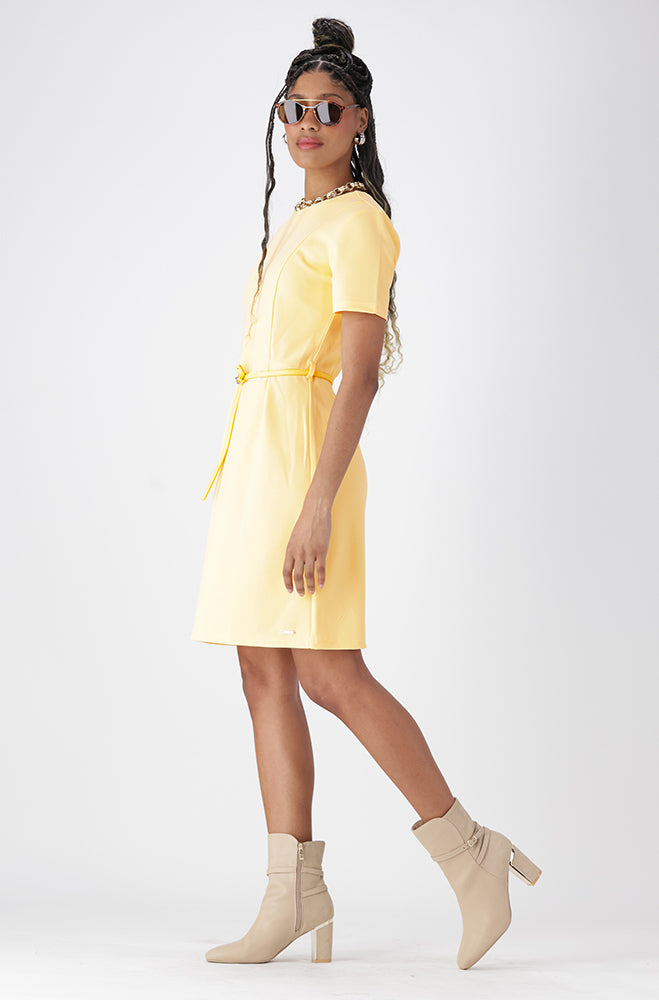 Ladies | Delilah Belted Dress Butter Yellow _ 162932 Yellow Dresses