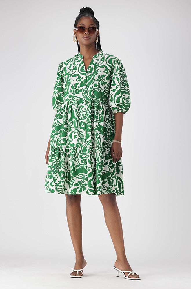Ladies | Kiara Printed Tiered Poplin Dress _ 161716 Green Dresses