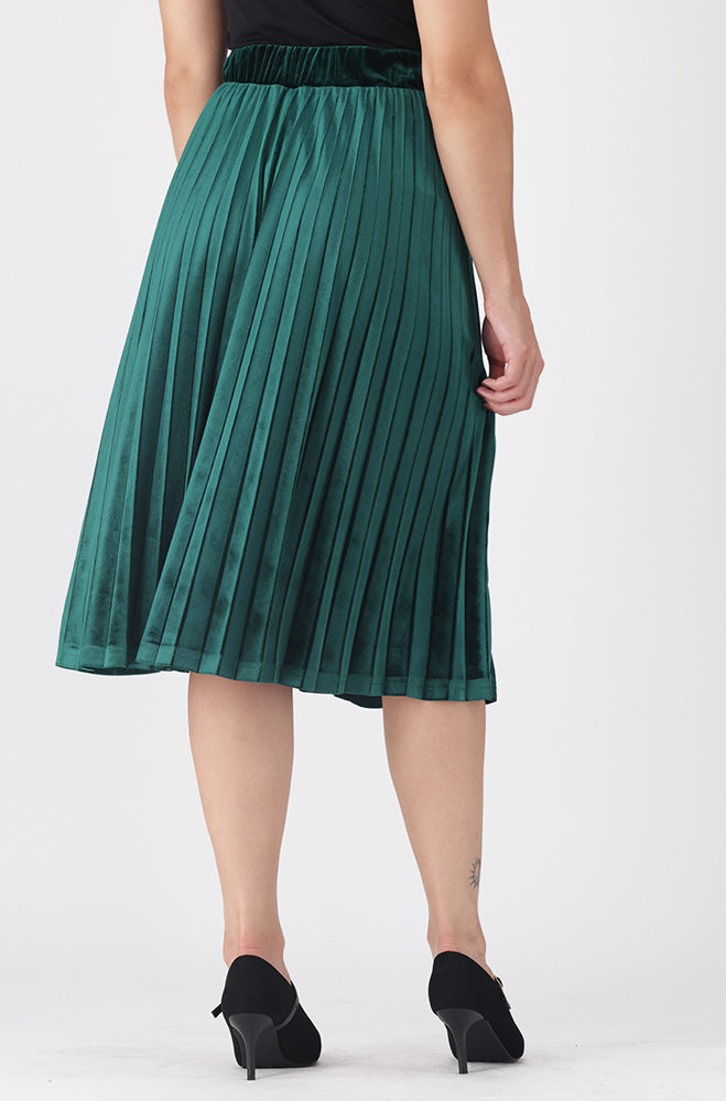 Ladies | Emilia Velour Pleated Midi Skirt _ 157240 Green Skirts