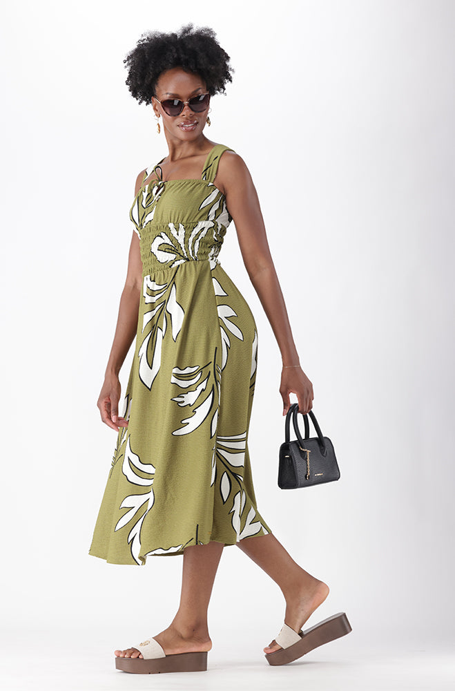 EMELIA SHIRRED PRINTED MAXI DRESS