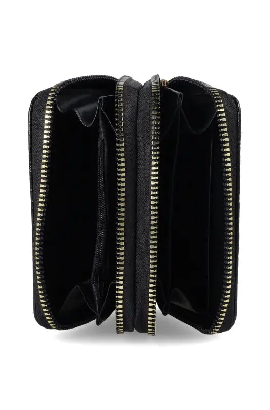 Open black wallet with three zippered compartments.