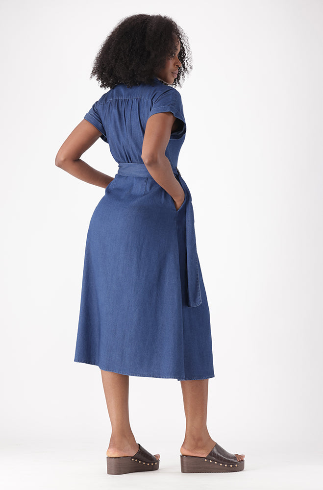 ARADIA DENIM MIDI BELTED DRESS