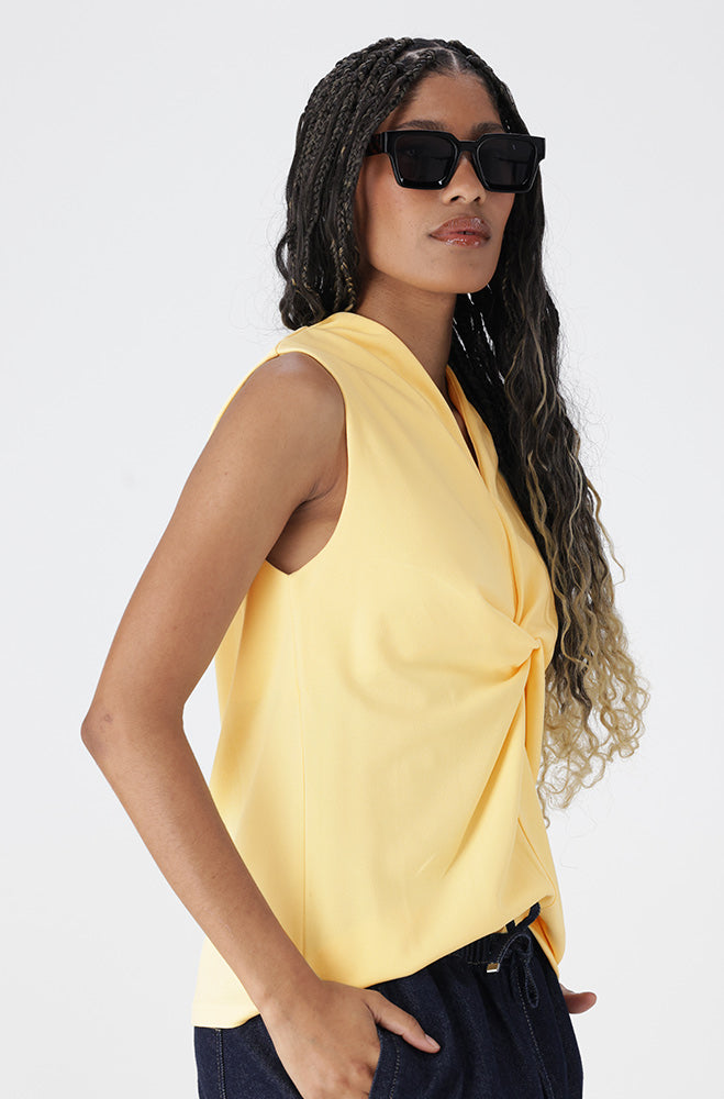 Ladies | Jill Sleeveless Tie Knot Knit Top _ 162931 Yellow Tank Tops