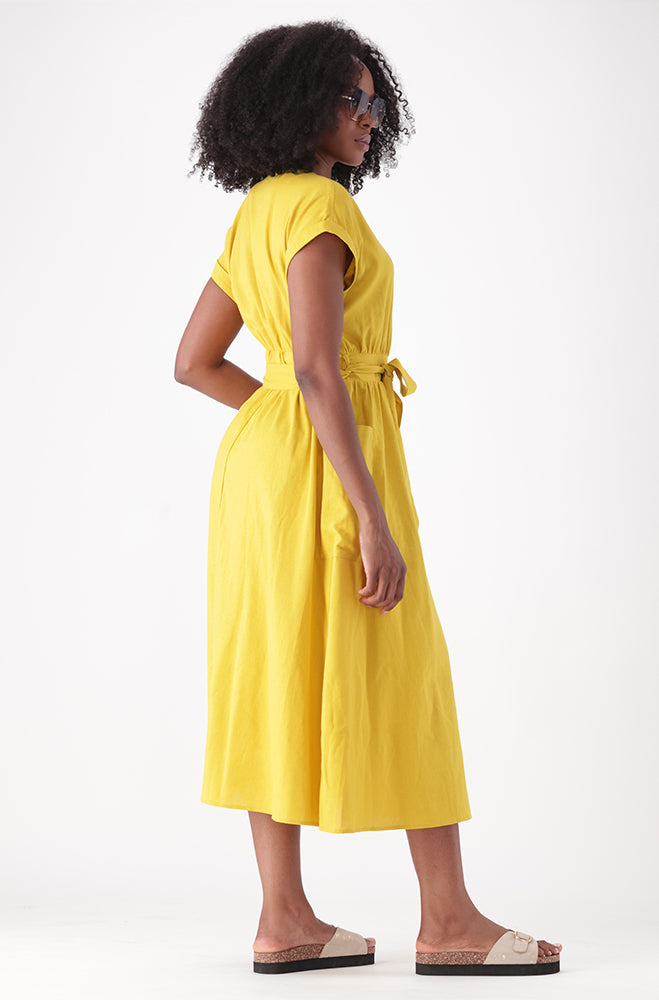 SEREN LINEN BLEND BELTED VNECK DRESS